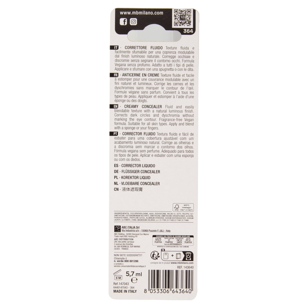 MB Milano Silky Concealer Correttore Fluido Media Coprenza Finish Naturale Dark n° 03 5,7 ml